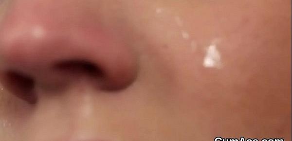  Wicked honey gets sperm load on her face swallowing all the jizz